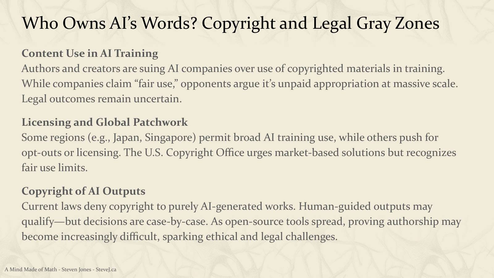 Slide 60: Who Owns AI’s Words? Copyright and Legal Gray Zones