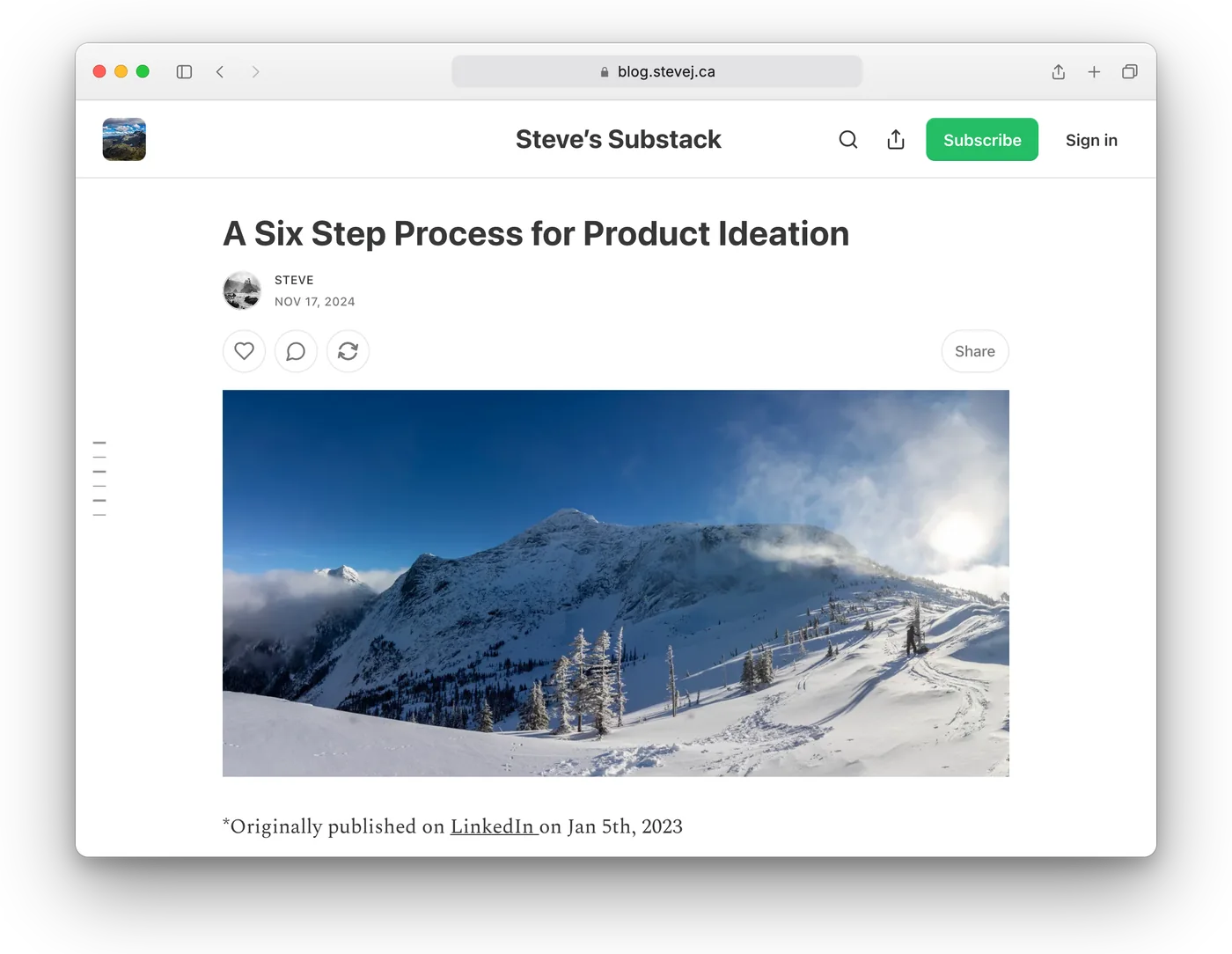 The blog post “A Six Step Process for Product Ideation” open in a Mac browser