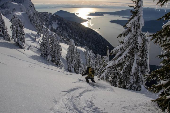 Skier descending a snowy slope above a sunlit ocean inlet