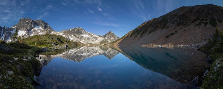 Mountain range mirrored in a still alpine lake