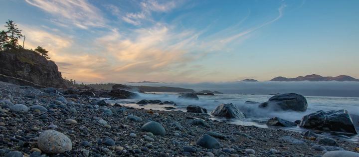 Rocky shoreline at sunset