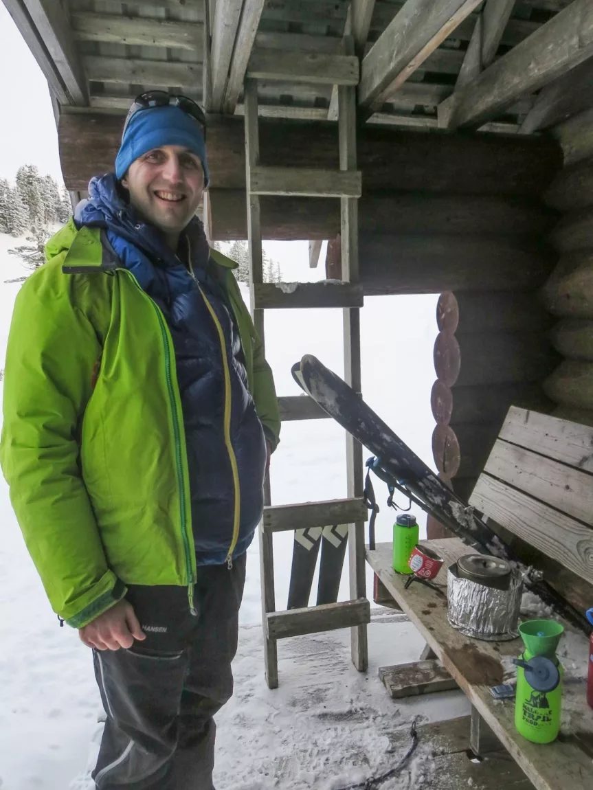 Steve Jones at a backcountry ski shelter in winter